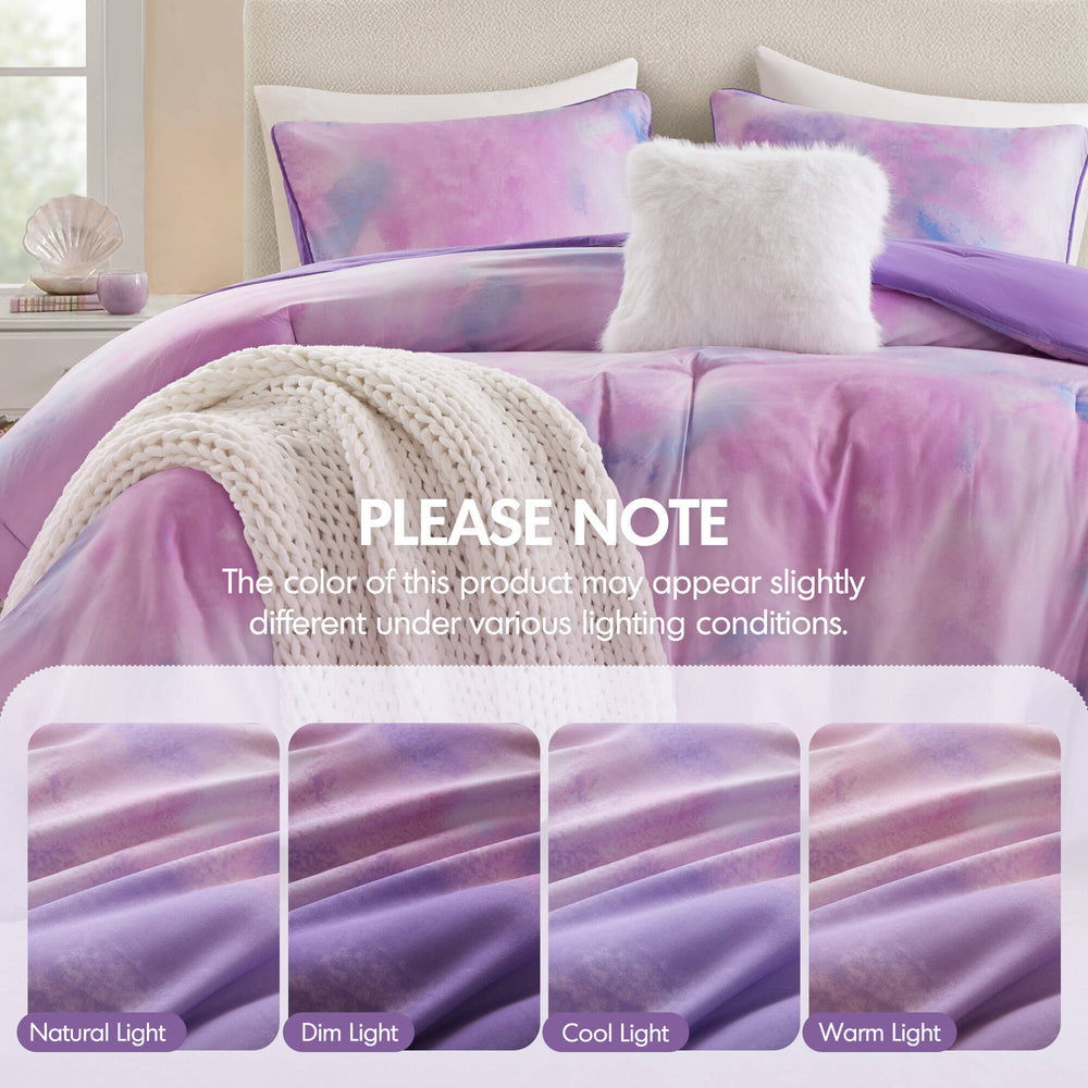 4 Pieces King/Cal King Watercolor Tie Dye Printed Comforter Set with Throw Pillow,Purple Media 7