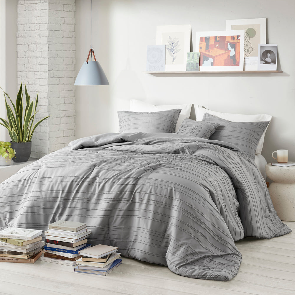 3 PCS Twin/Twin XL Cationic Dyed Clip Jacquard Comforter Set with Throw Pillow Gray Media 5