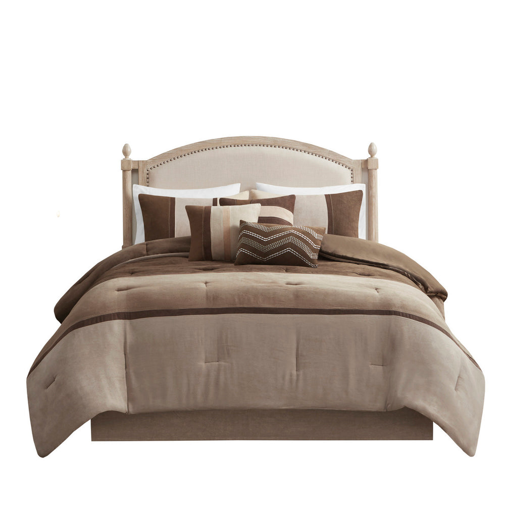 7 Piece Faux Suede Comforter Set Brown King Media 14