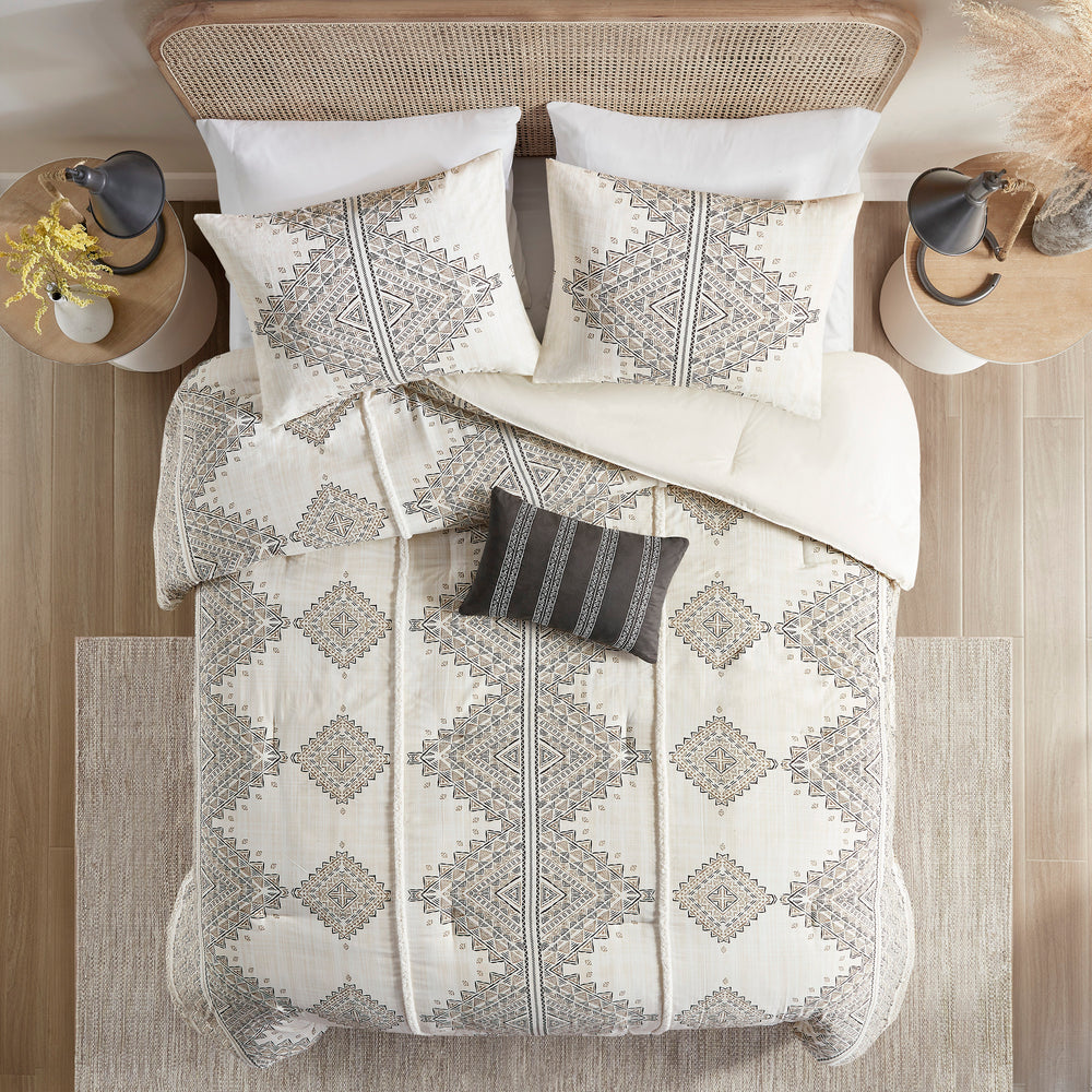 4 Piece Printed Comforter Set with Throw Pillow Black/Ivory Full/Queen Media 5