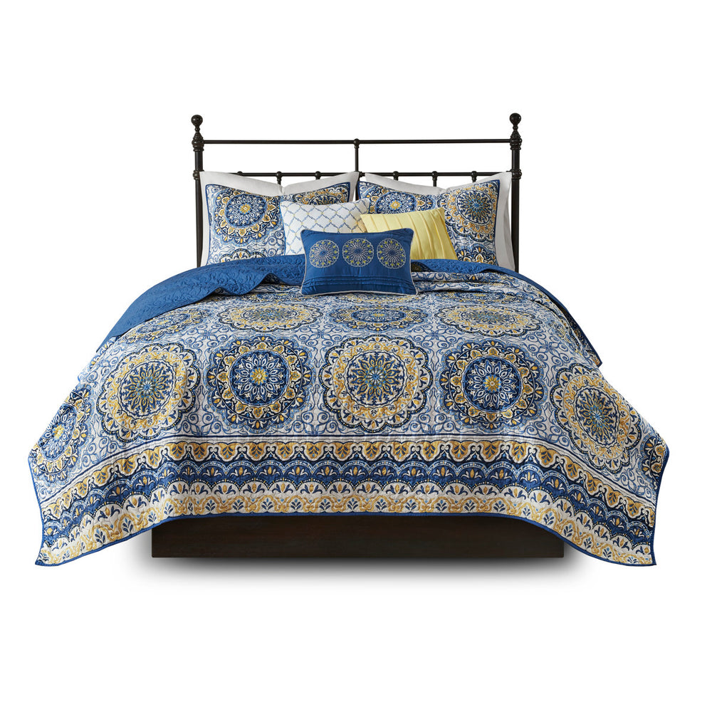6 Piece Reversible Quilt Set with Throw Pillows Blue Full/Queen Media 12