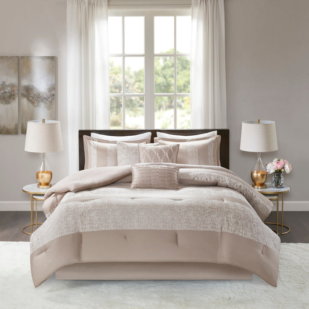 7 Piece Chenille Jacquard Comforter Set Taupe King Media 4