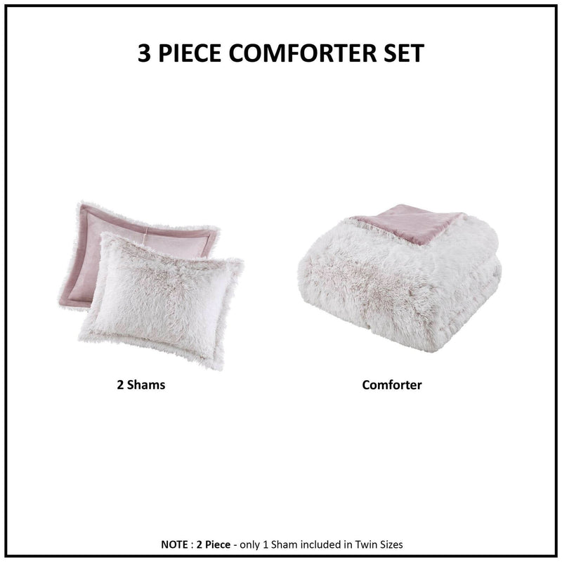 Faux Fur Comforter Shaggy Pink & White King & Cal King 3 Piece Set For Bedroom Decor Soft