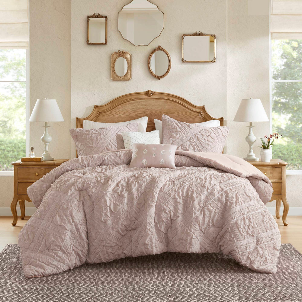 5-Piece Full/Queen 5 Piece Sculpted jacquard comforter set,Pink Media 19