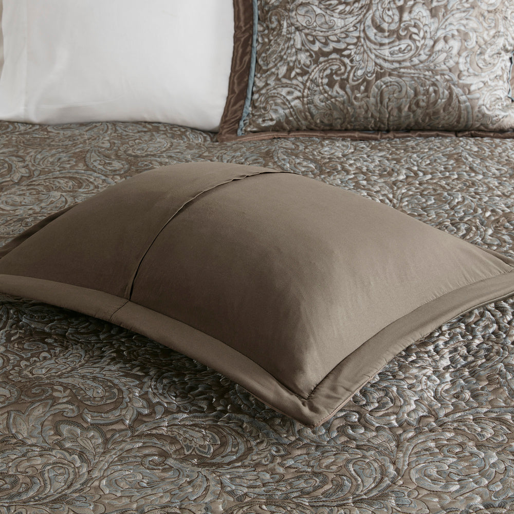 5 Piece Jacquard Bedspread Set with Throw Pillows Blue/Brown Queen Media 2