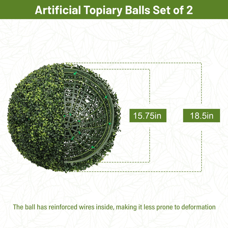 18.5IN dark Artificial Topiary Balls Outdoor Faux Boxwood Decorative Green Spheres for Garden Front Porch Patio Planter Decoration, 2pcs/set