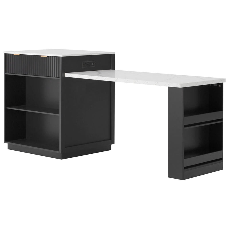Kitchen Island Modern With Extendable Dining Table & Power Outlet For 4-6 People Black
