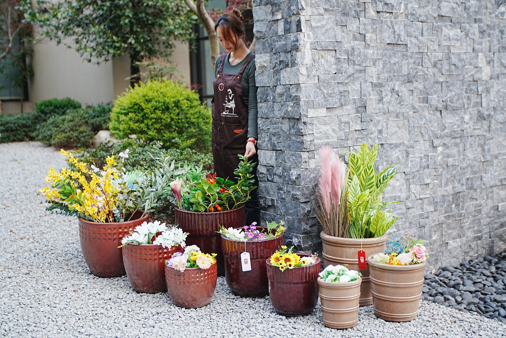 3 Pieces Ceramic Flowerpot, Modern Planter for Patio, Garden or Windowsills - Antique Yellow Media 14