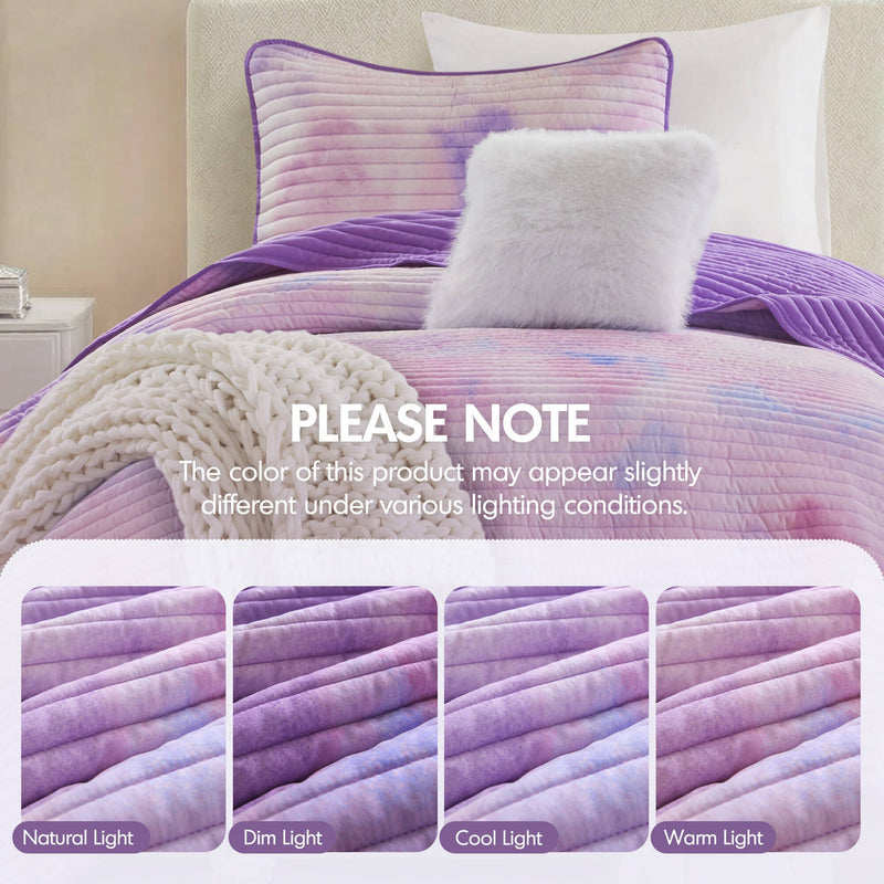 3 Pieces Twin/Twin XL Watercolor Tie Dye Printed Quilt Set with Throw Pillow,Purple