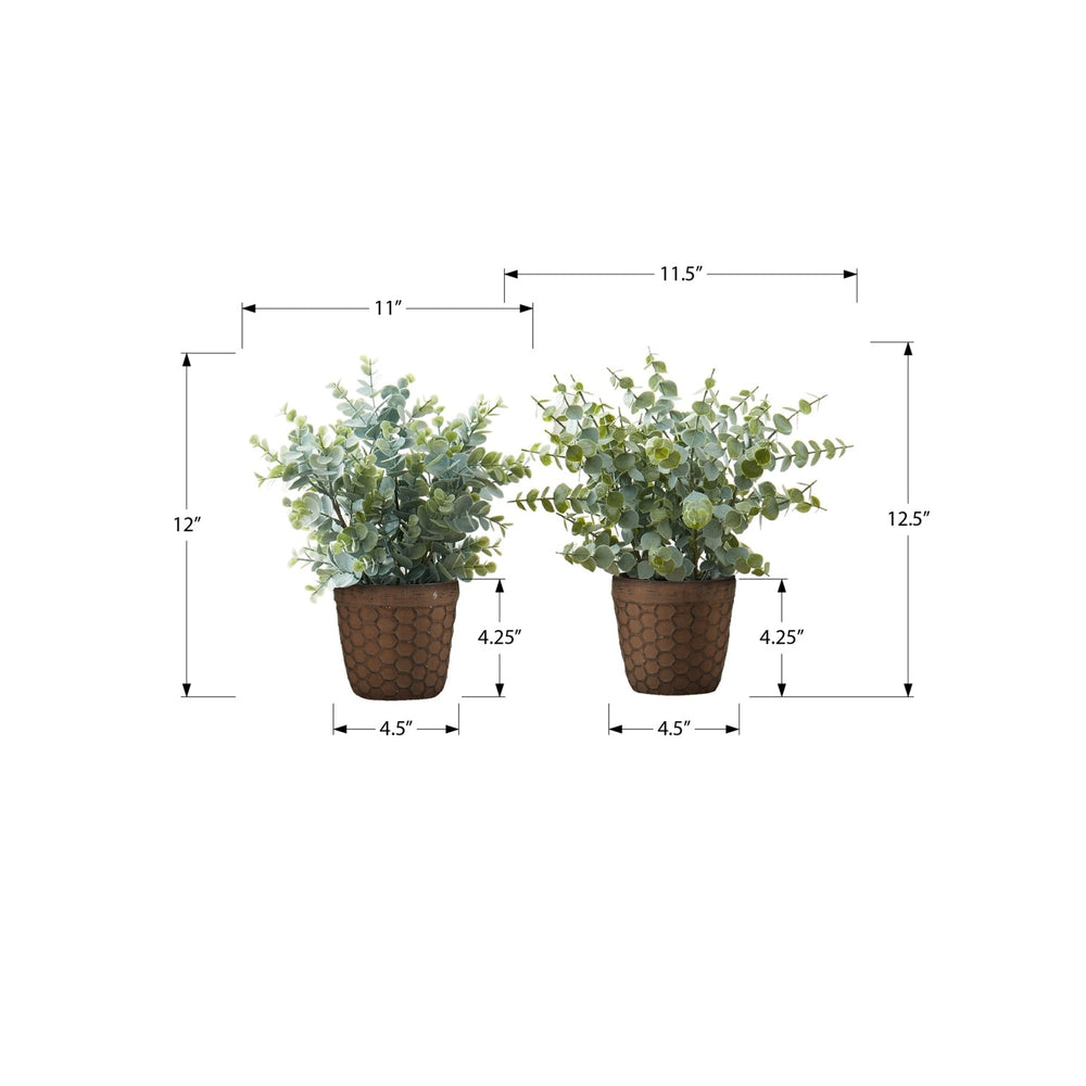 Artificial Eucalyptus Grass, 13' Tall, Green Leaves in Brown Cement Pots, Set of 2, Indoor Decorative Faux Plants, Plastic, Table Top Media 3