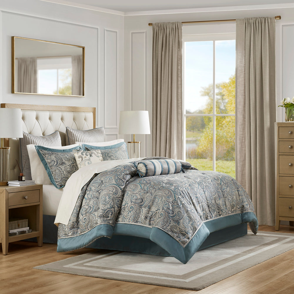 12 Piece Comforter Set with Cotton Bed Sheets Teal Queen Media 1