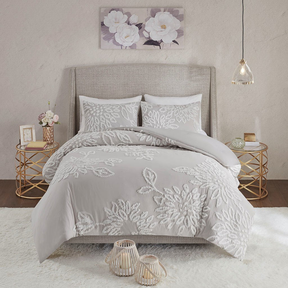 King/Cal King 3 Piece Tufted Cotton Chenille Floral Duvet Cover Set Media 2