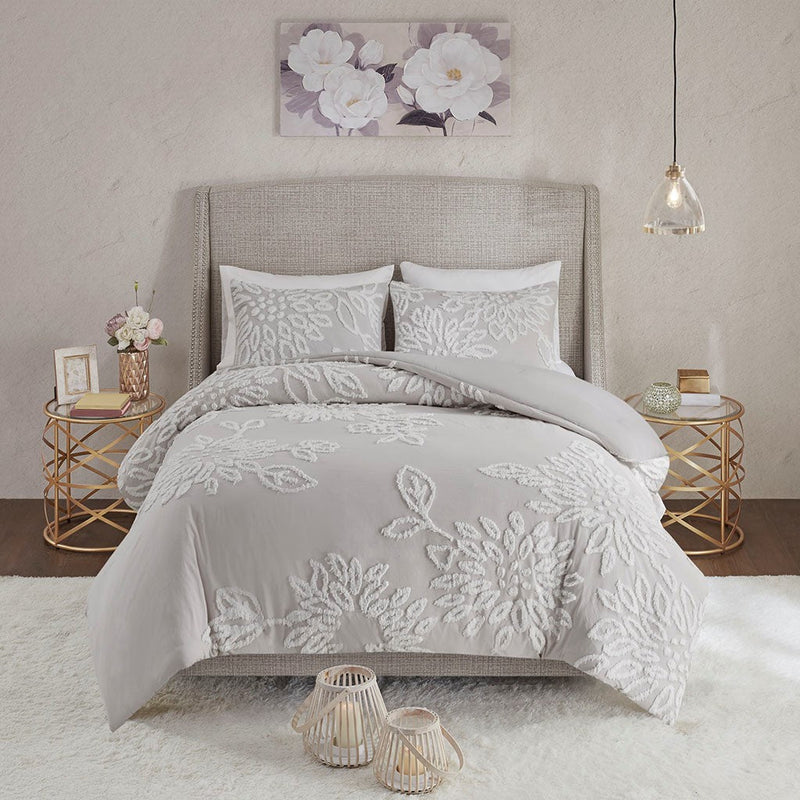 King/Cal King 3 Piece Tufted Cotton Chenille Floral Duvet Cover Set