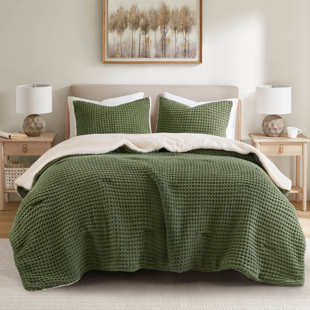 2 Pieces Twin Waffle Knit Chenille Comforter Set,Olive Media 1