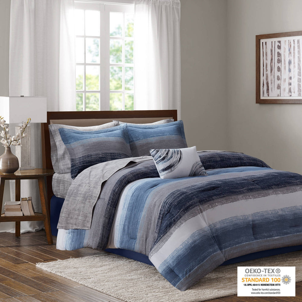 9-Piece King 9 Piece Comforter Set with Cotton Bed Sheets,Navy Media 6