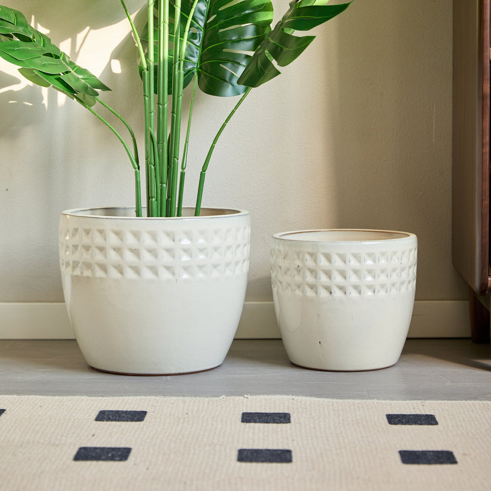Handmade Ceramic Flower Pot Set of 3, 15/12/9 Inch Diameter, White Diamond Pattern, for Succulents Indoor/Outdoor Use on Windowsill & Bookshelf, Breathable Clay Media 7