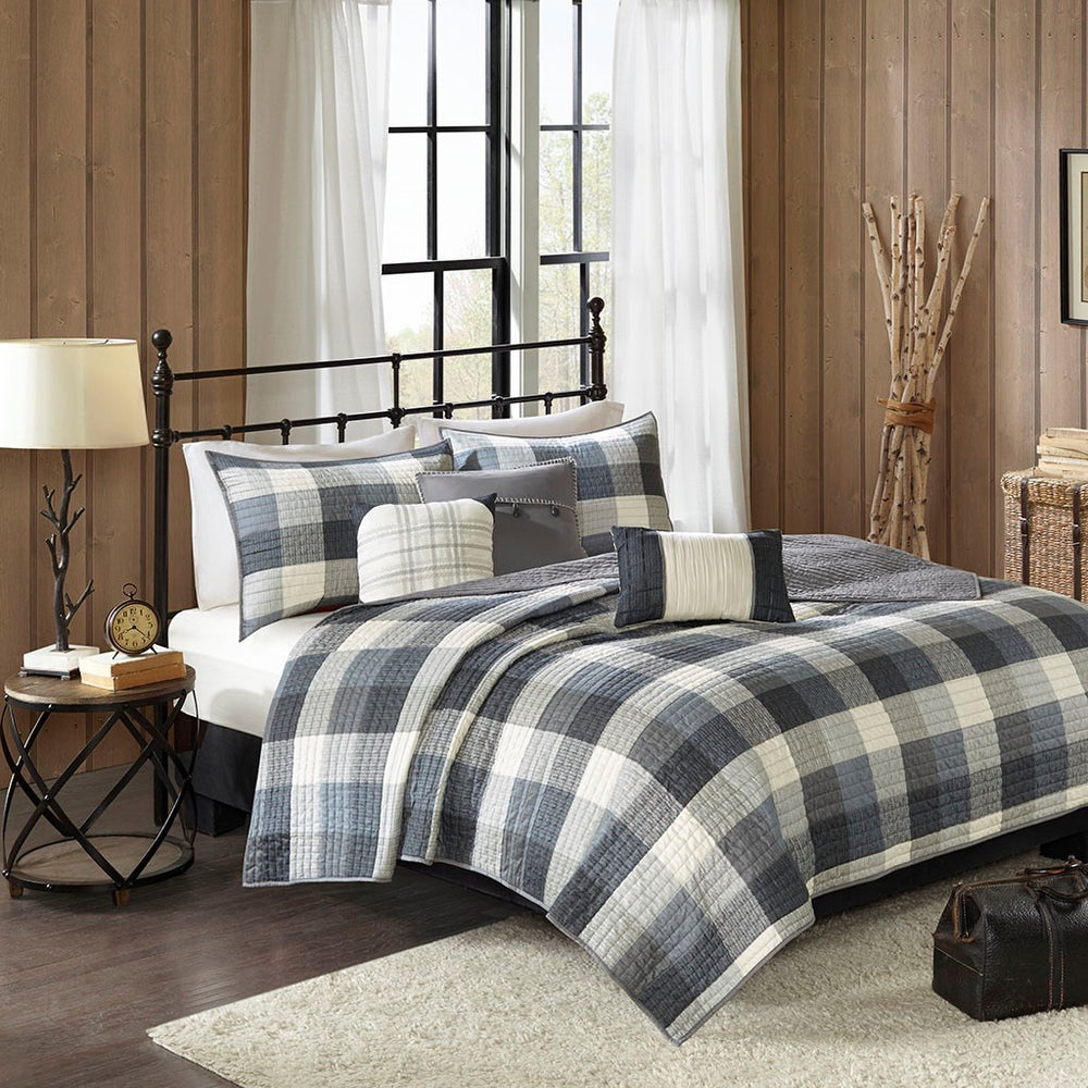 6 Piece Printed Herringbone Quilt Set with Throw Pillows Grey Full/Queen Media 1