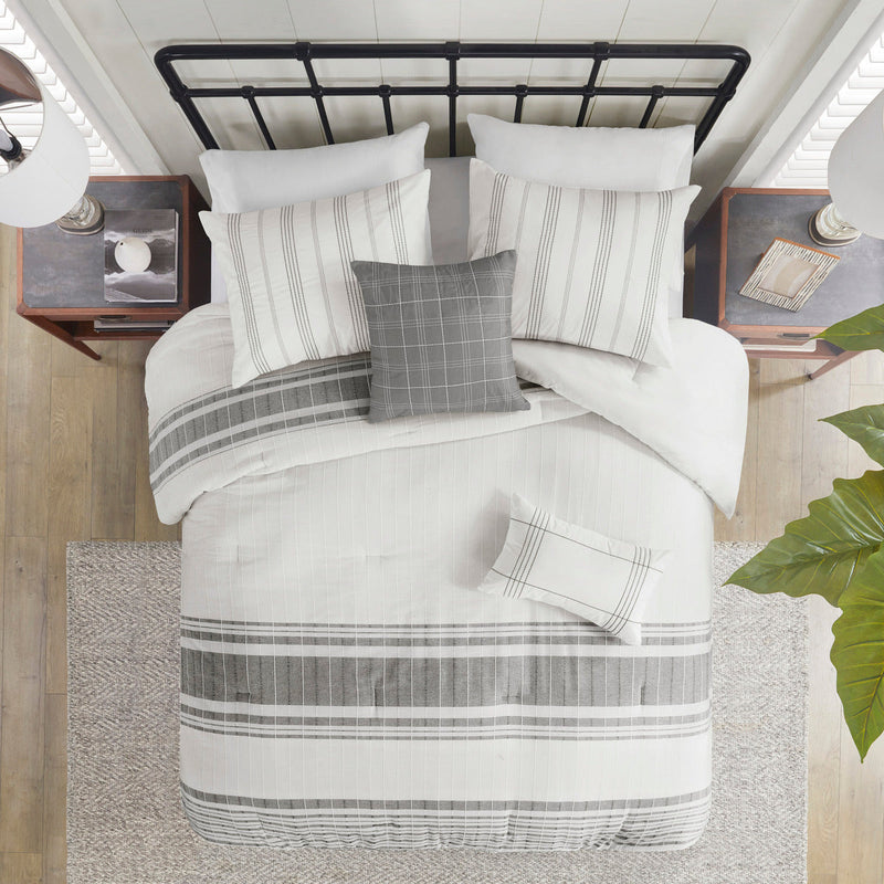 6 Piece Cotton Jacquard Oversized Comforter Set White/Grey Full