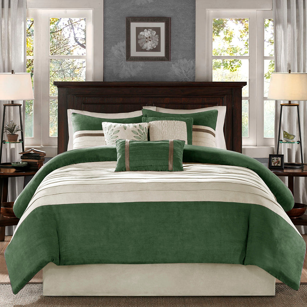 7 PC Pieced Faux Suede Comforter Set Green Cal King Media 9