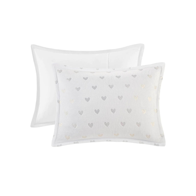 4 PCS Full/Queen Metallic Printed Plush Comforter Set with Throw Pillow White/Gold