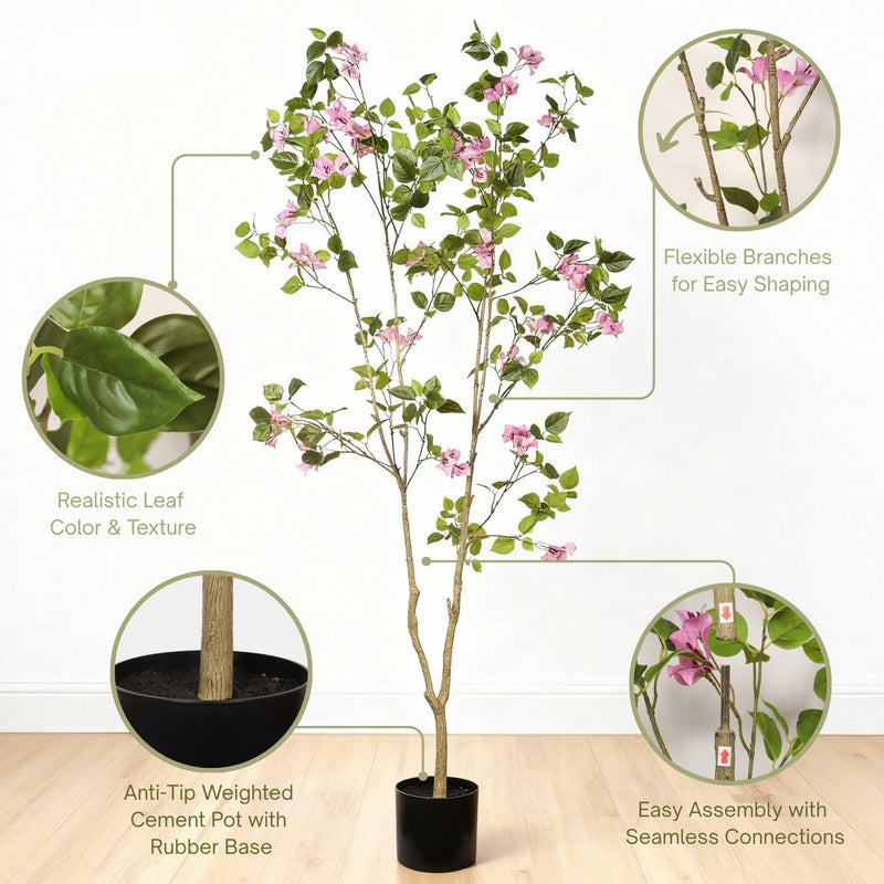 Artificial Bougainvillea Tree with Black Plastic Pot, Realistic Faux Flowering Plant in Green Leaves and Pink Blooms, 72-Inch Indoor Decor for Home Office