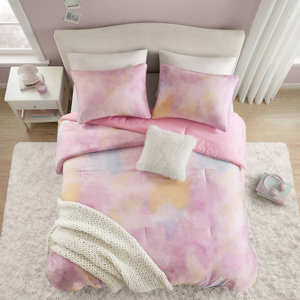 4 Pieces Full/Queen Watercolor Tie Dye Printed Comforter Set with Throw Pillow,Pink Media 19
