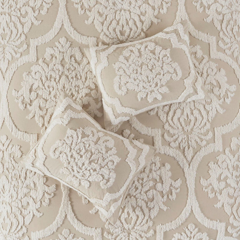 King/Cal King 3 piece Tufted Cotton Chenille Damask Duvet Cover Set