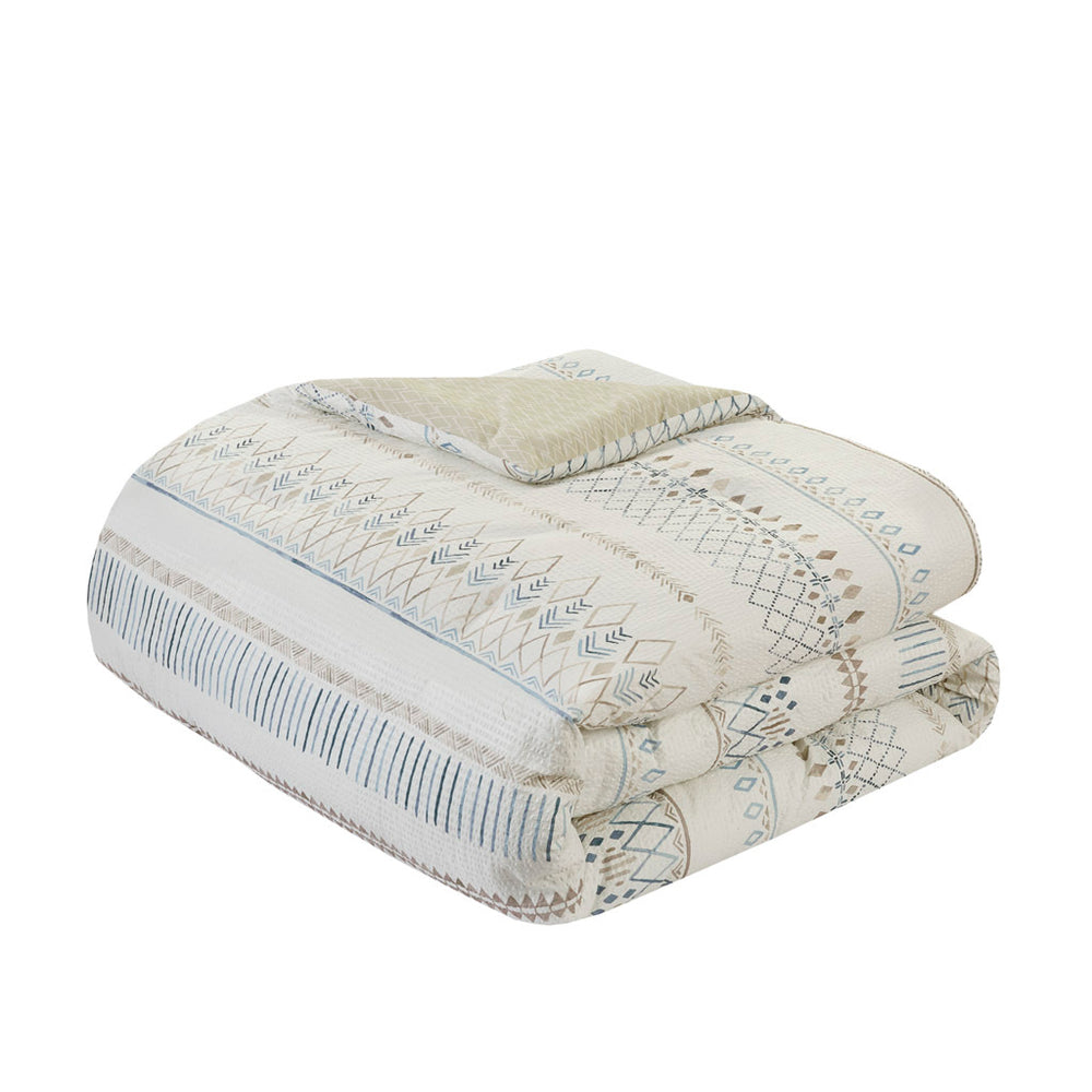 5 Piece Printed Seersucker Comforter Set with Throw Pillows Taupe/Blue Full/Queen Media 8
