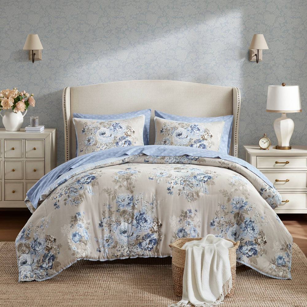 5-Piece Twin 5 Piece Vin -inspired Collection floral print,Beige/Blue Media 1