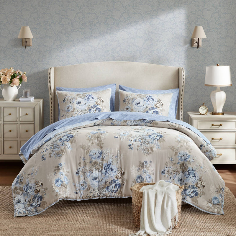 7-Piece Full 7 Piece Vin -inspired Collection floral print,Beige/Blue