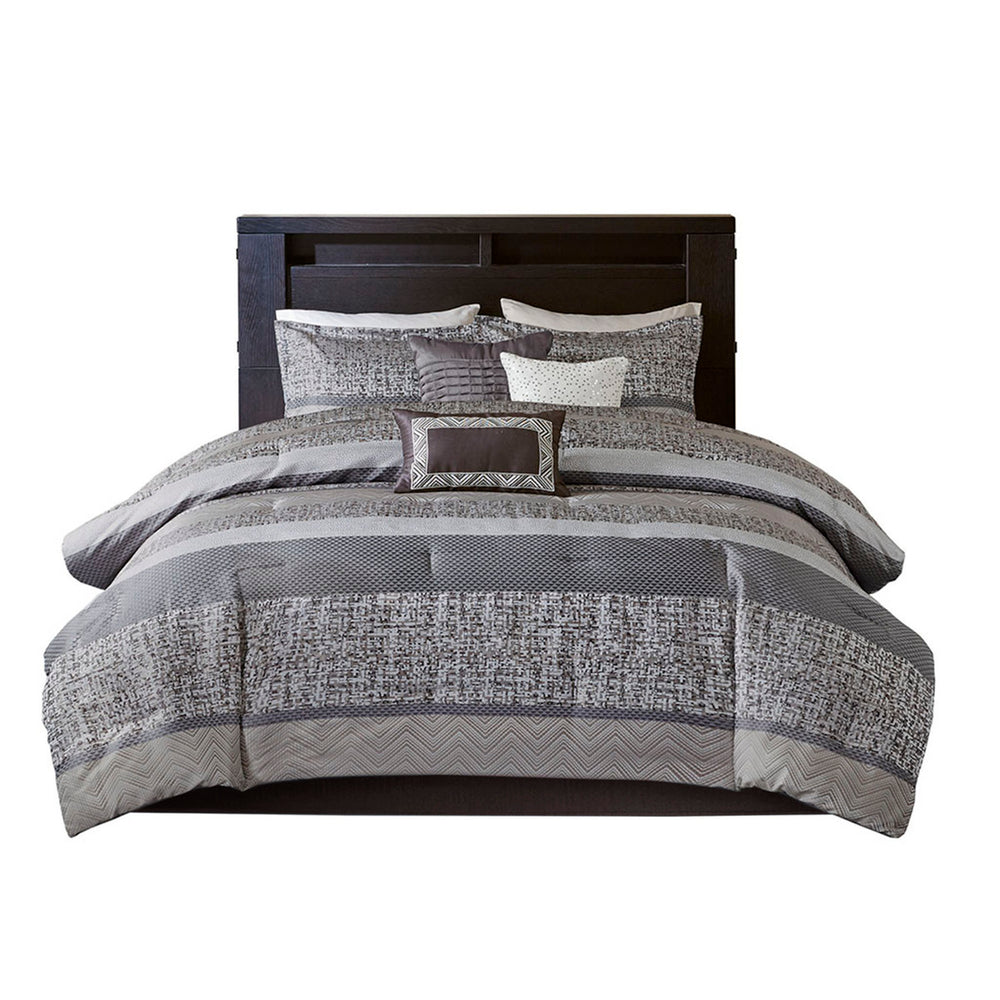 7 Piece Jacquard Comforter Set Grey/Taupe Cal King Media 13