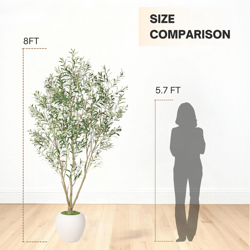 8FT Artificial Olive Tree With Big Decorative White Planter, Tall Indoor & Covered Outdoor Decorative Tree, 1pc/set