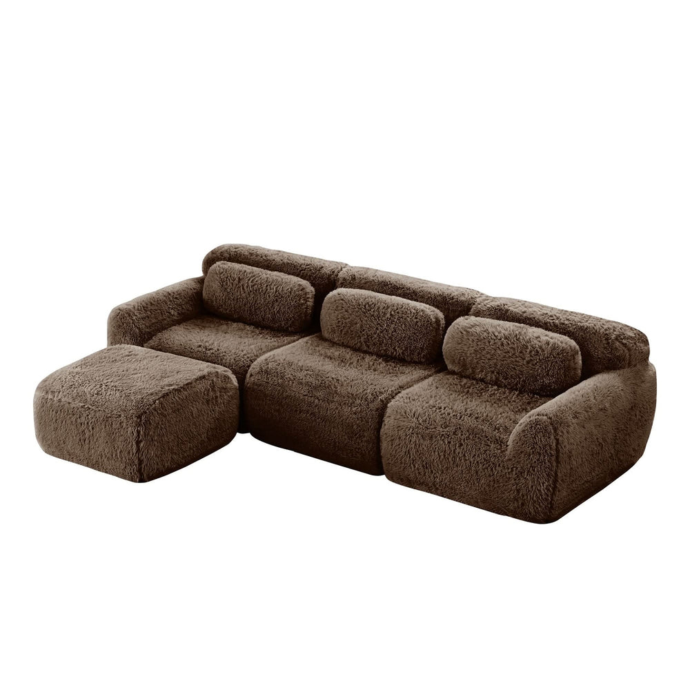 L-Shaped Sofa Plush Fabric With Movable Ottoman & Throw Pillows Chocolate Media 18
