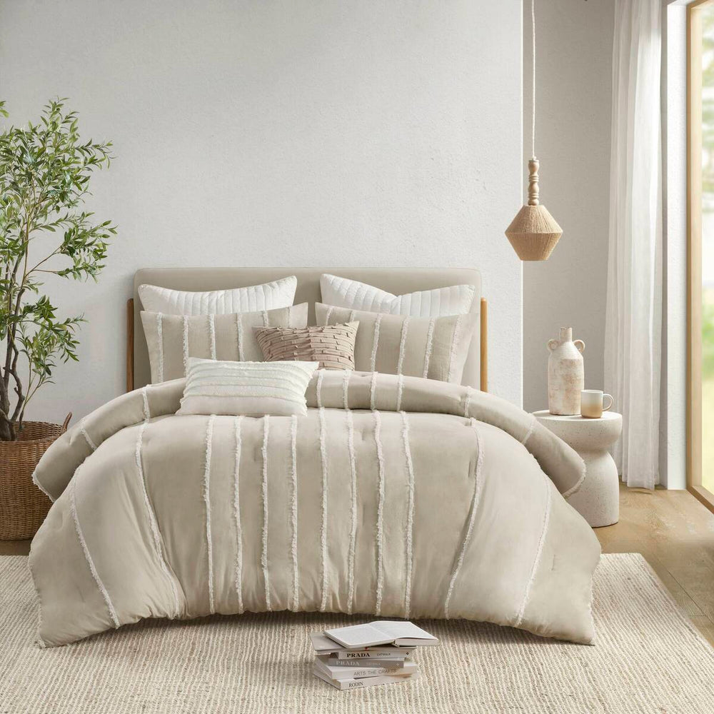 3 Piece Striped Cotton Comforter Set Taupe King/Cal King Media 13