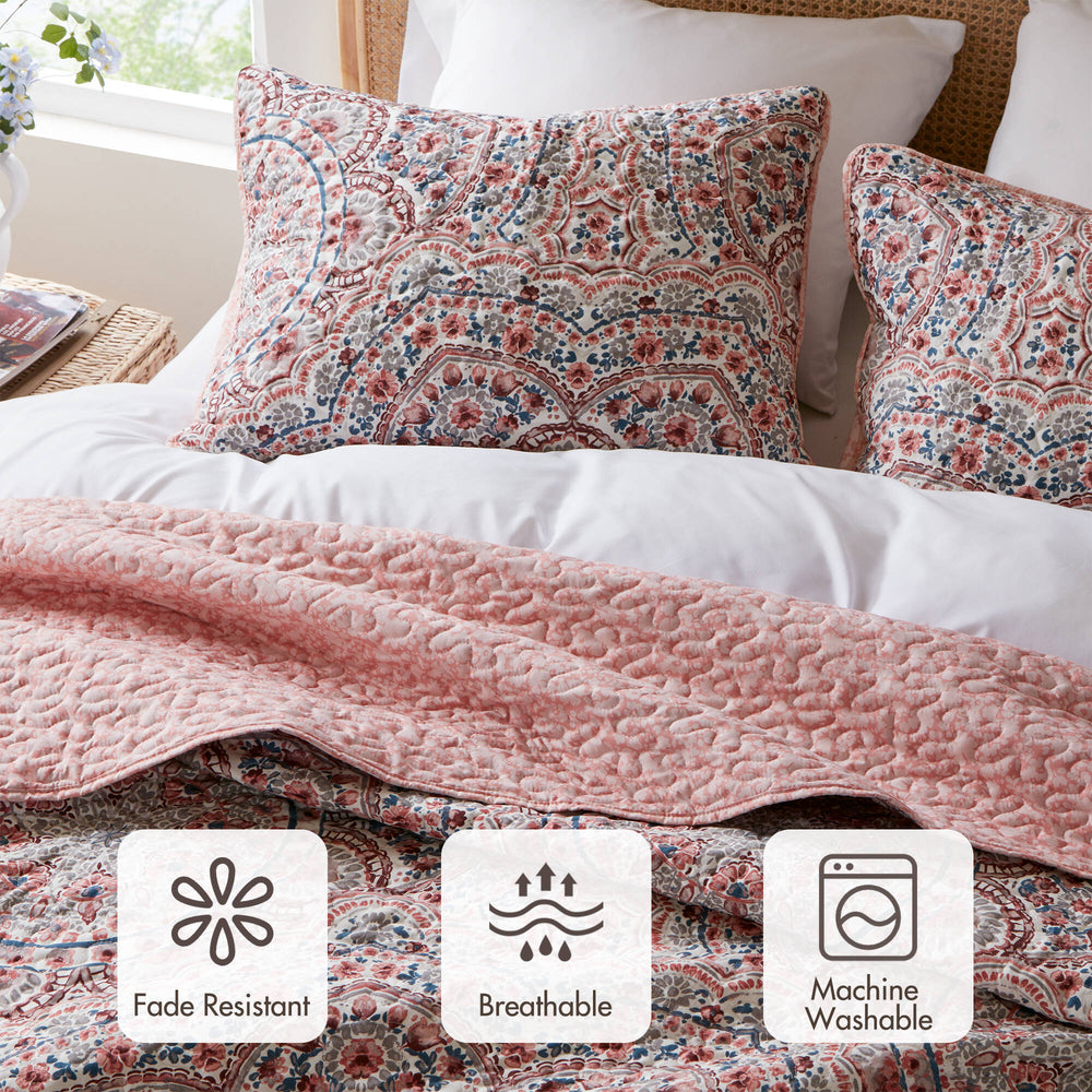 3-Piece Full/Queen Boho Floral Reversible Quilt Media 7
