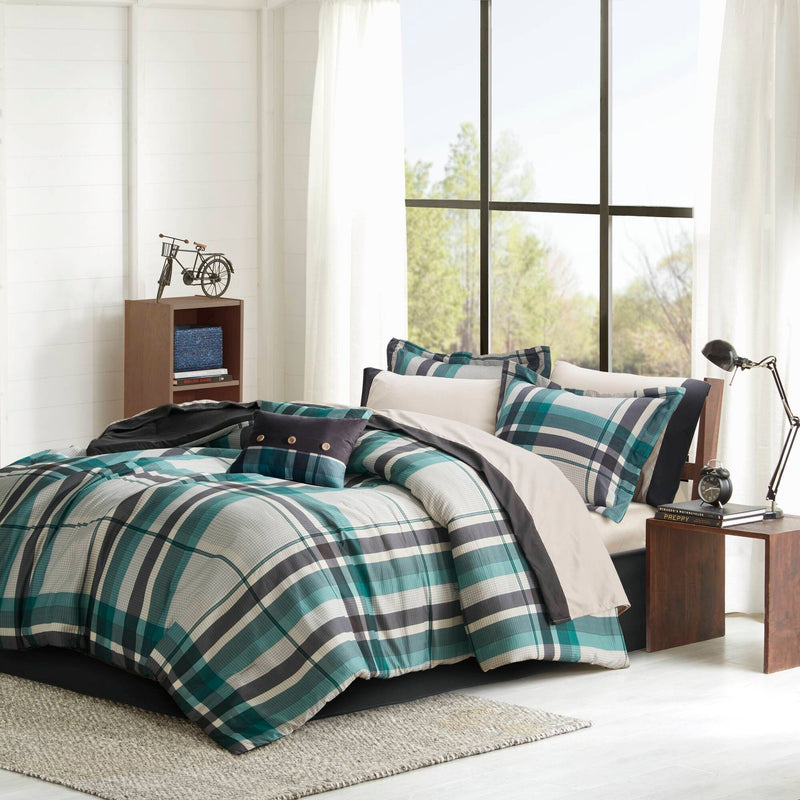 7 PCS Twin XL Plaid Comforter Set with Bed Sheets Teal/Black