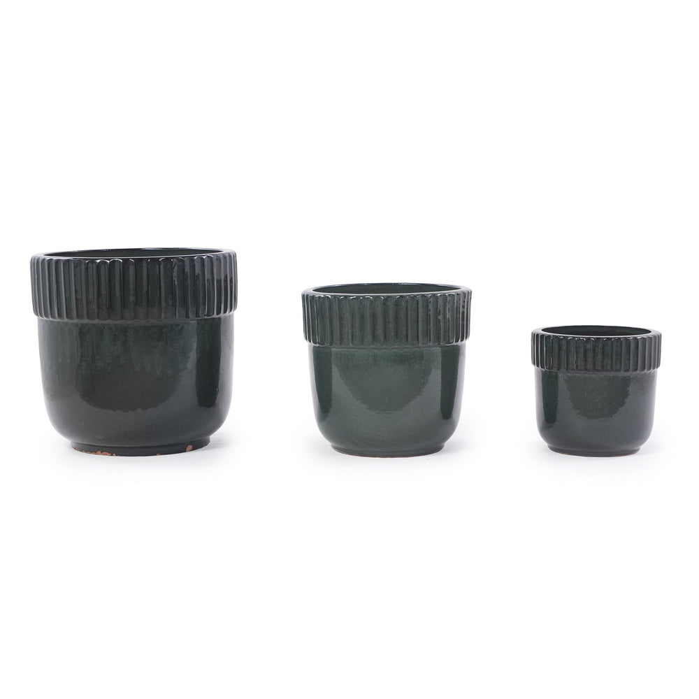 Handmade Ceramic Planter Set of 3, 15/12/9 Inch Diameter, Dark Green Vertical Ribbed Pattern, for Succulents Indoor/Outdoor Use on Windowsill & Bookshelf, Breathable Clay Media 4