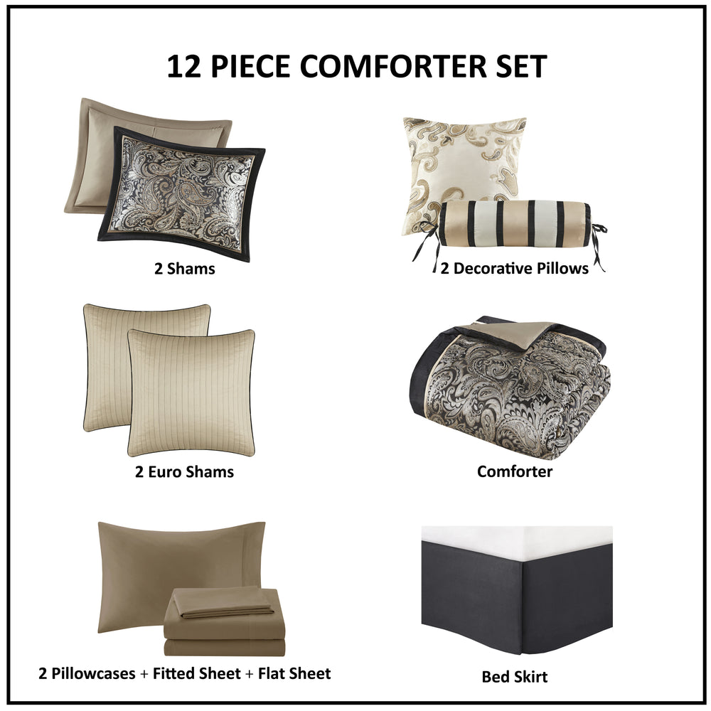 12 Piece Comforter Set with Cotton Bed Sheets Black Cal King Media 9