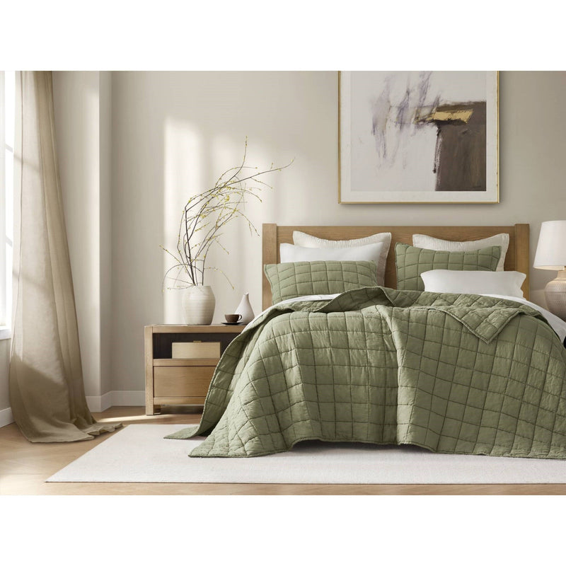 3-Piece King/Cal King Linen Garment Washed Quilt Set,Olive Green