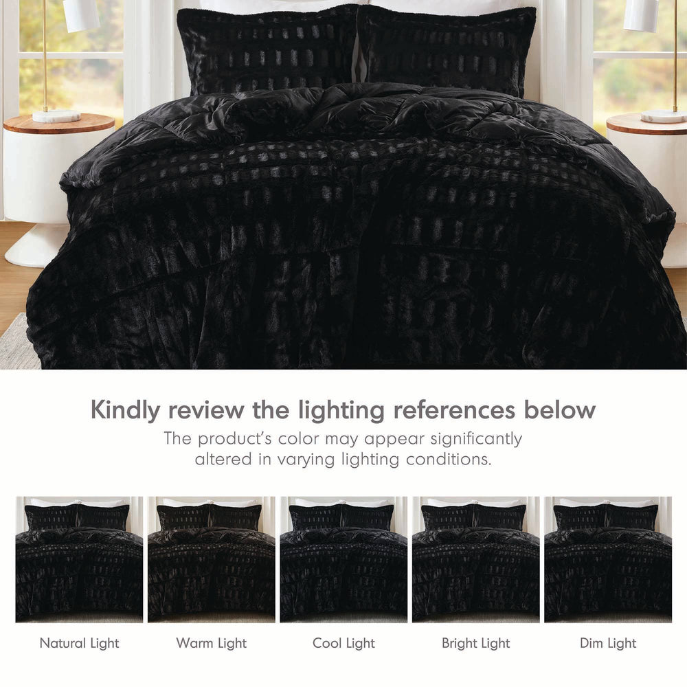 3 PCS King/Cal King Solid Faux Fur Comforter Mini Set Black Media 3