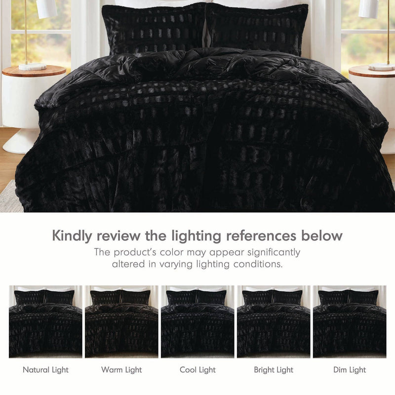 3 PCS King/Cal King Solid Faux Fur Comforter Mini Set Black