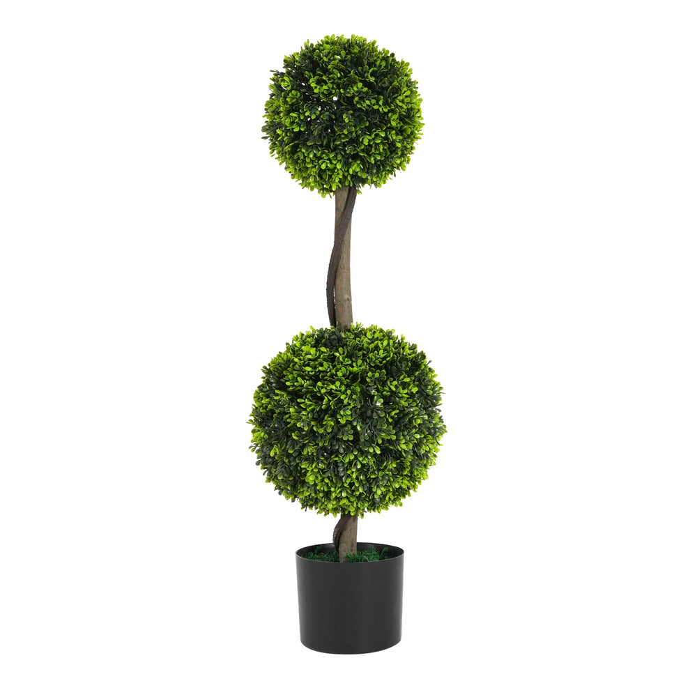 34' Artificial Topiary Boxwood Tree Double Ball with Black Plastic Pot, Set of 2 Media 4
