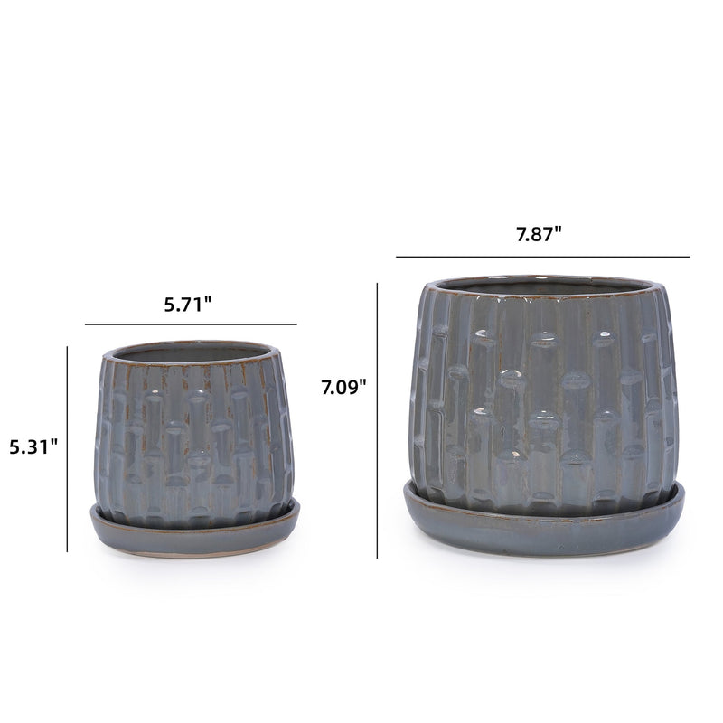 Handmade Gray Glazed Ceramic Planter Set of 2, 6' & 8' Diameter, Vertical Ribbed Pattern, for Succulents & Herbs Indoor/Outdoor Shelf & Table Use, Breathable Clay with Saucers