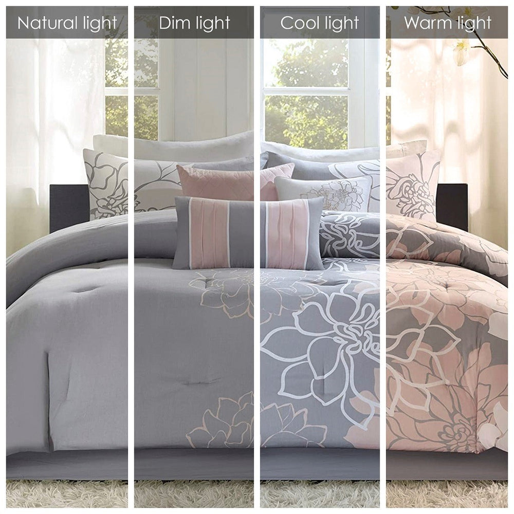 Printed Cotton Sateen Comforter Set Grey/Peach Queen Media 6