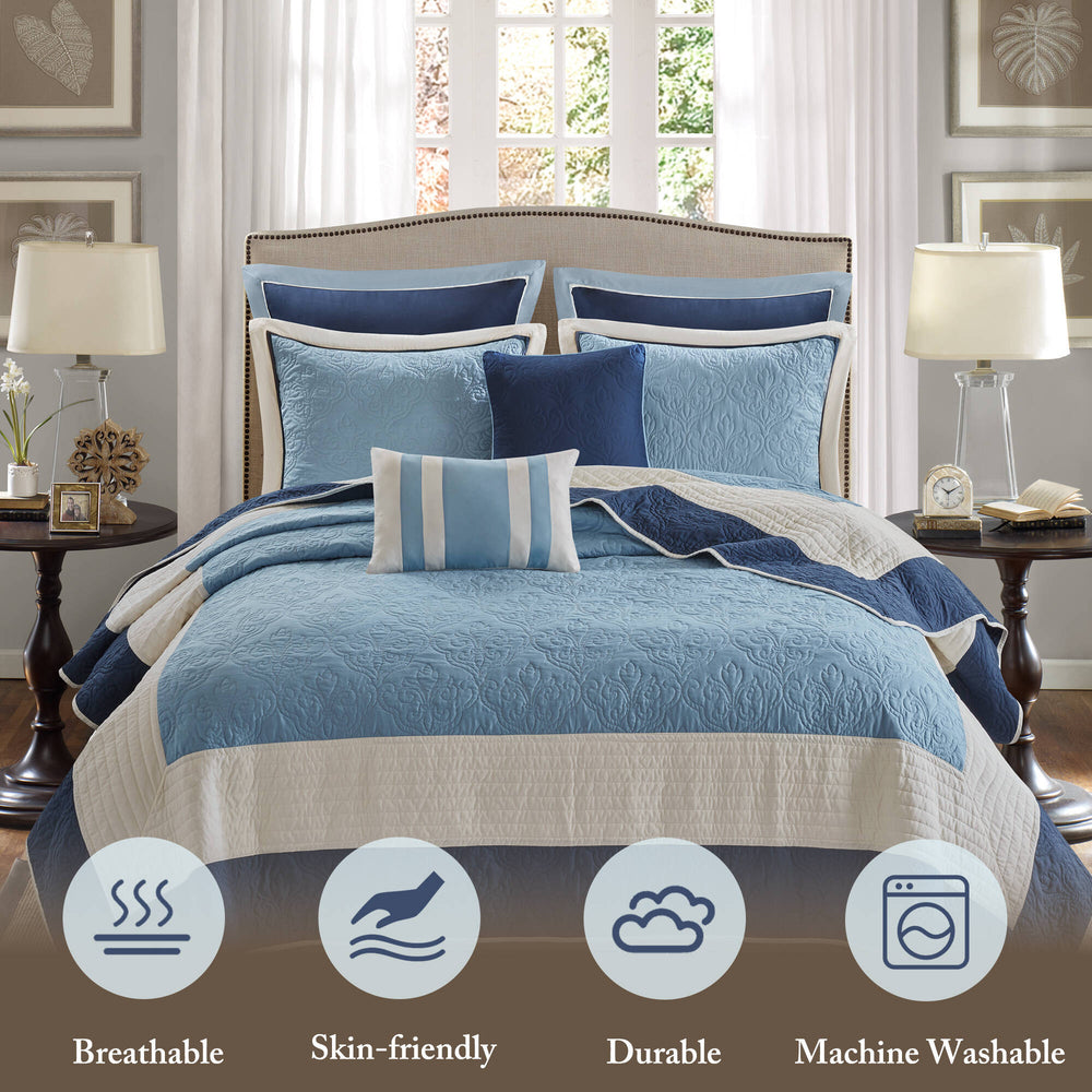 7-Piece King/Cal King 7 Piece Quilt Set with Euro Shams and Throw Pillows,Navy Media 4