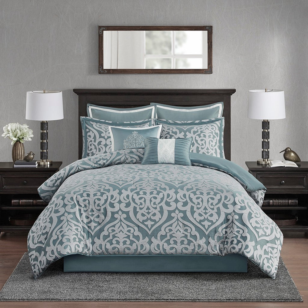 8 Piece Jacquard Comforter Set Aqua/Silver Cal King Media 6