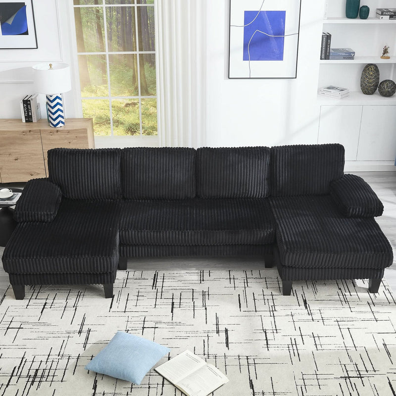 U Shaped Sofa Wood Frame Oversized Four-Seater Living Room Black Upholstery