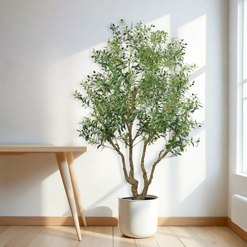 8FT Tall Artificial Olive Tree - Large Faux Potted Tree with Natural Trunk and Lifelike Olive Leaves and Fruit, Elegant Indoor/Outdoor Decorative Plant for Living Room, Office or Entryway, 1 pc/set