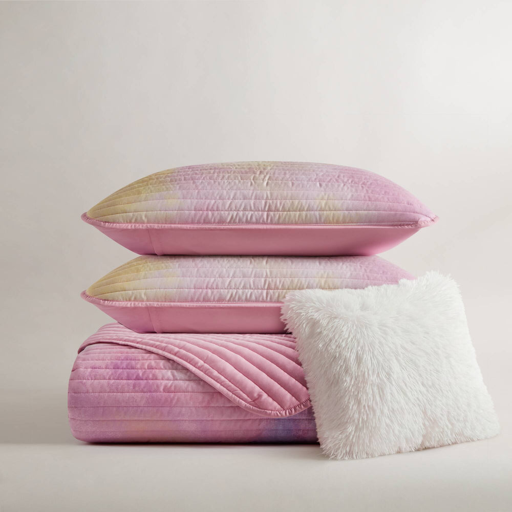 4 Pieces Full/Queen Watercolor Tie Dye Printed Quilt Set with Throw Pillow,Pink Media 9