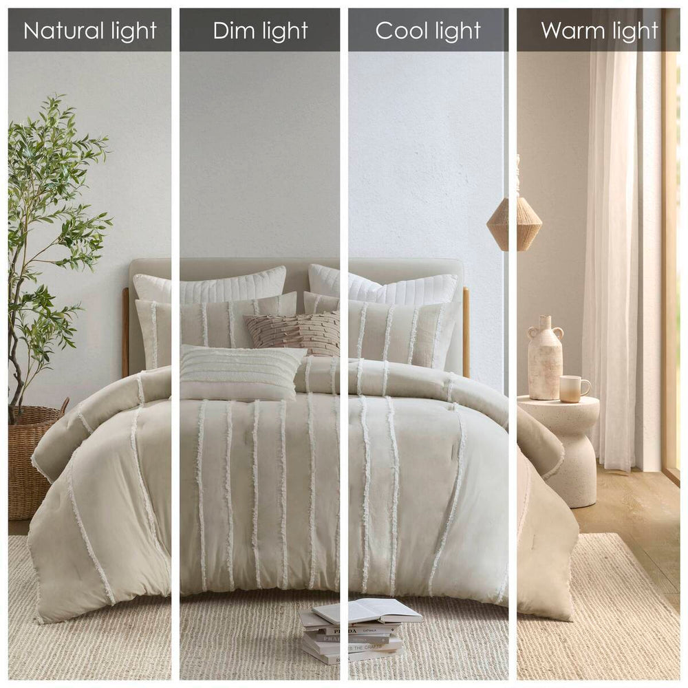 3 Piece Striped Cotton Comforter Set Taupe Full/Queen Media 5